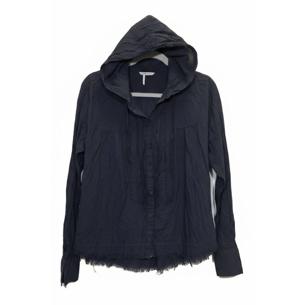 Free People womens medium hooded frayed shirt blouse lightweight blue
